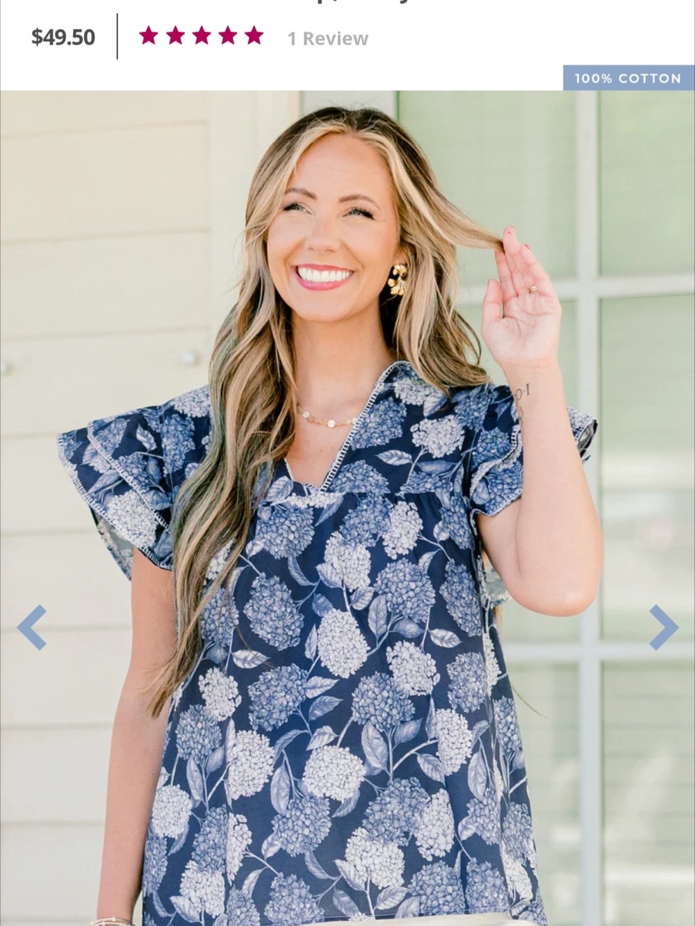 Chic Soul Navy and White Floral Flutter Sleeve Blouse
